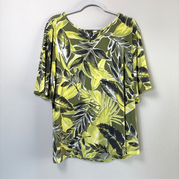 Susan Graver Liquid Knit Top Size 1X Yellow Green Leaf Print Cold Shoulder - Picture 1 of 8